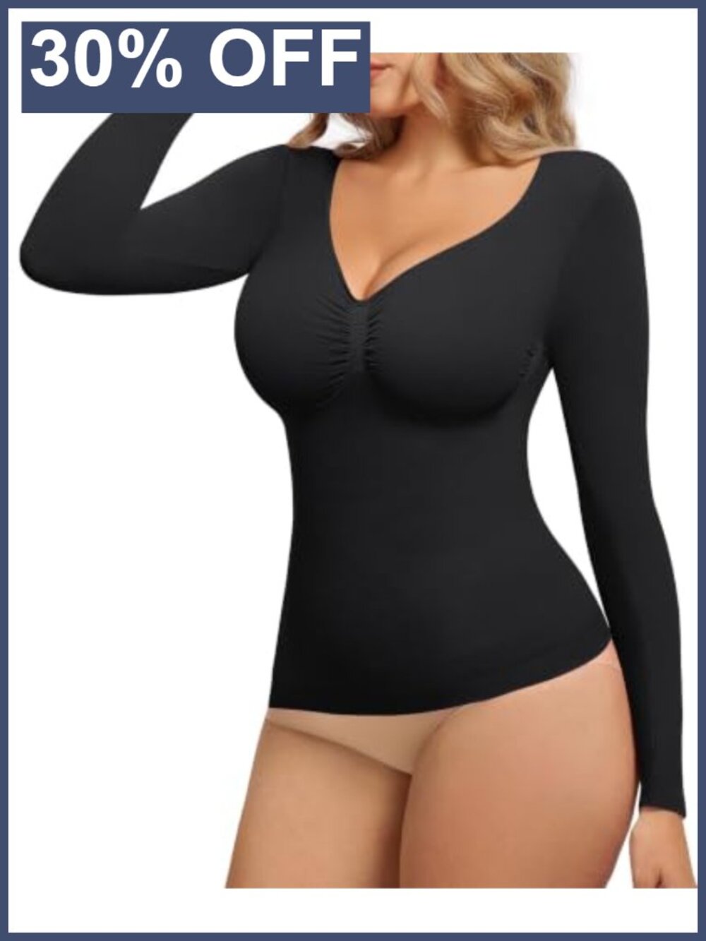 Long Sleeve V-Neck Tummy Control Shapewear Top Seamless Body Shaper
